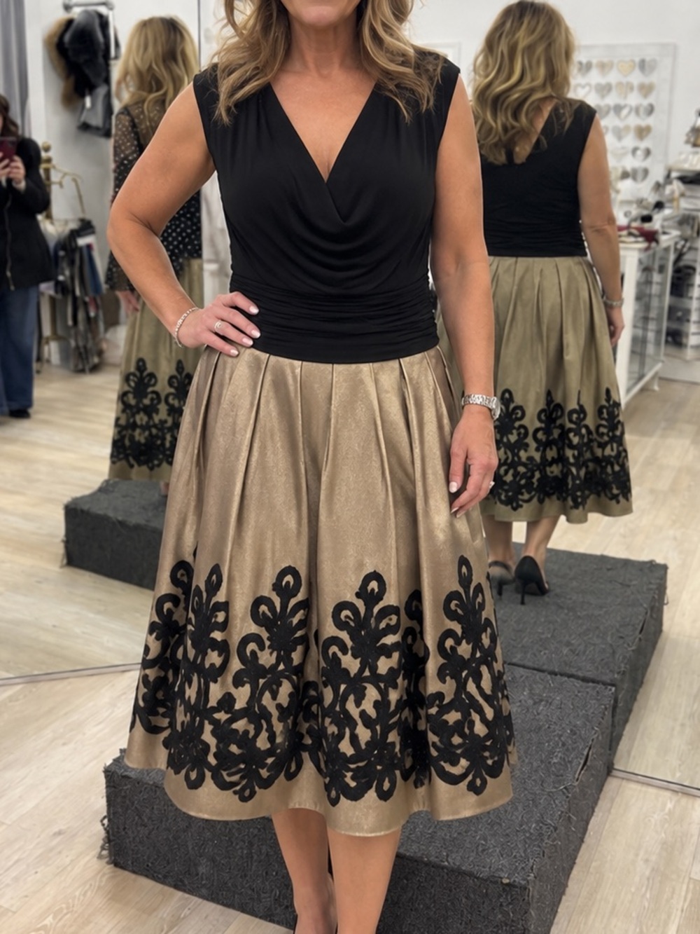 Elegant Black & Gold Midi Dress with Embroidered Hem